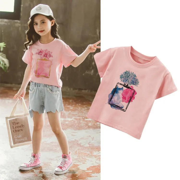 New Girls' Pink T-shirt Fashion Perfume Bottle Printed Baby Short Sleeve Top Loose Base Shirt Summer Girls Clothes