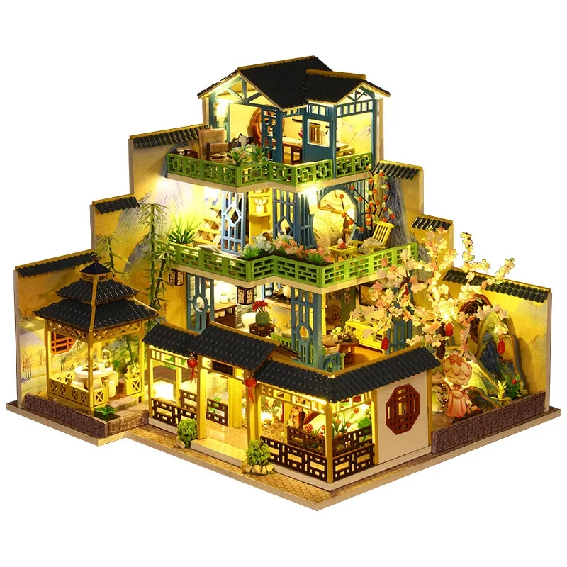 

Diy Wooden Doll Houses Miniature Building Kit Chinese Architecture Dollhouse With Furniture Villa Toys For Adults Birthday Gifts