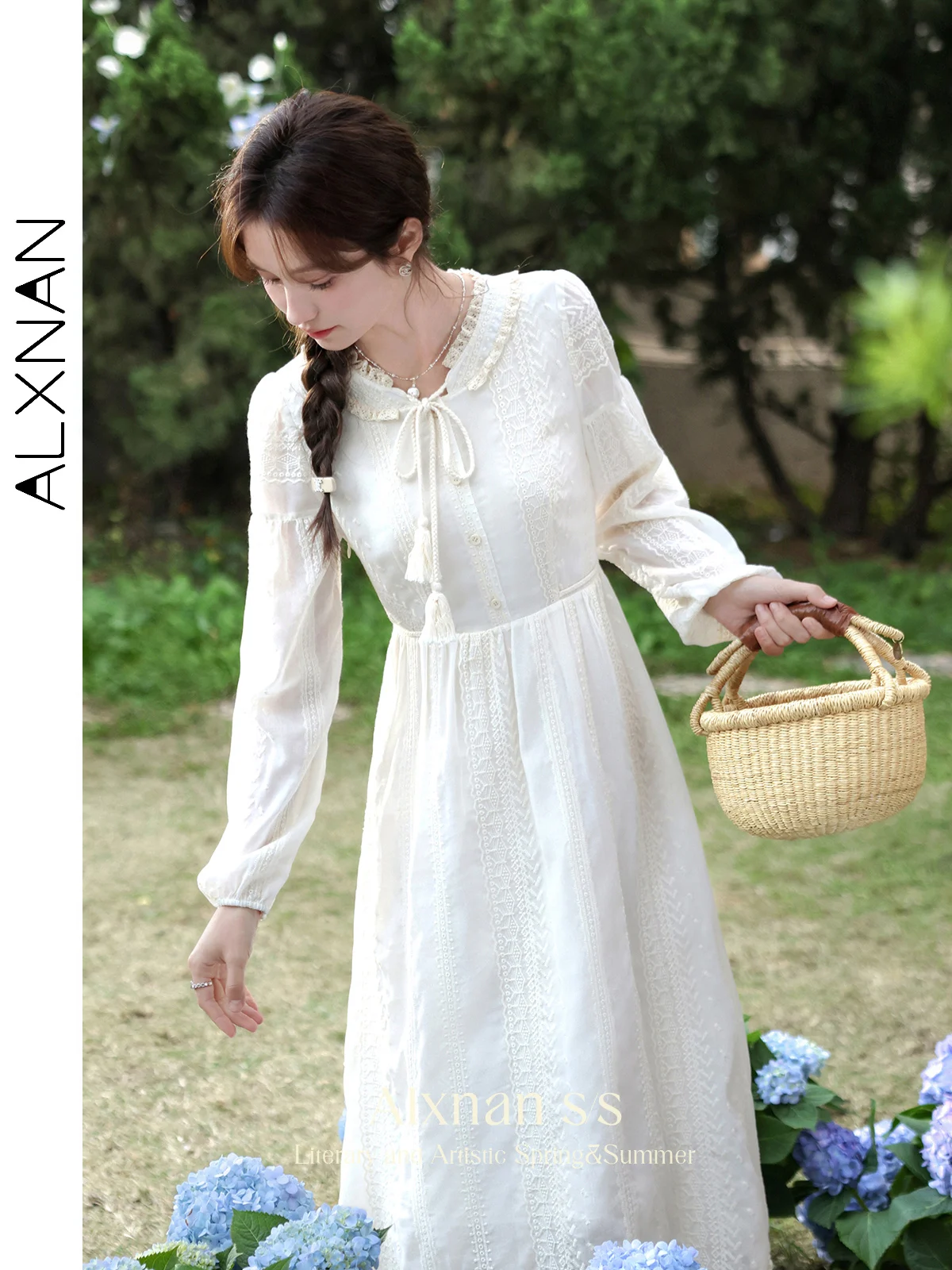 ALXNAN Frenchy Sweet Apricot Color Dresses for Women Agaric Edge Neck Tassel Strap Lantern Sleeve 2024 Fall Female Dress L335102