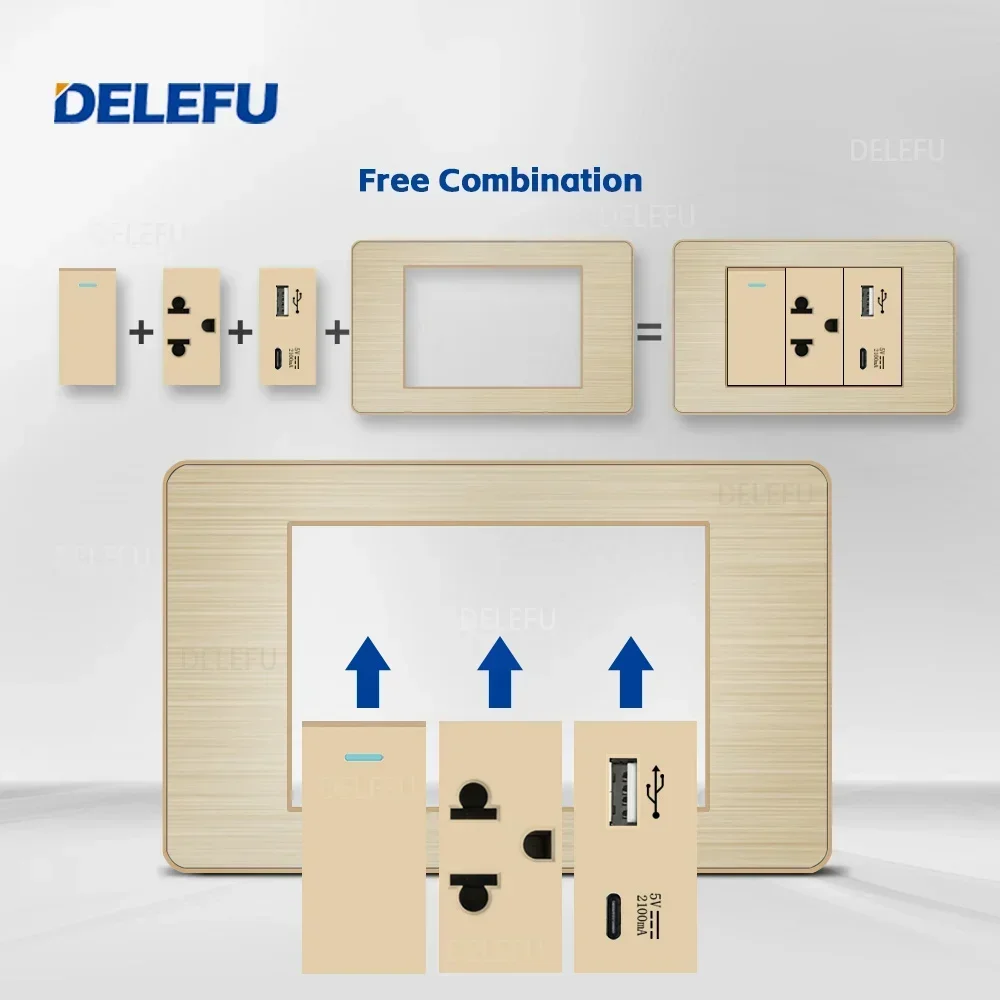 DELEFU Stainless Steel Gold Panel Thailand Switch Socket Computer USB Type C Wall Power Socket
