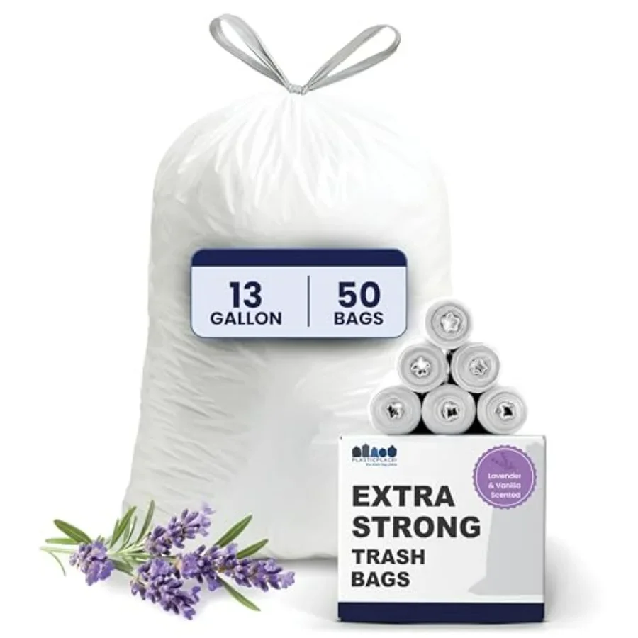 Bolsas de basura blancas con cordón de 13 galones de grosor de 1,2 mil para uso resistente, perfumadas con fragancia de lavanda y vainilla suave
