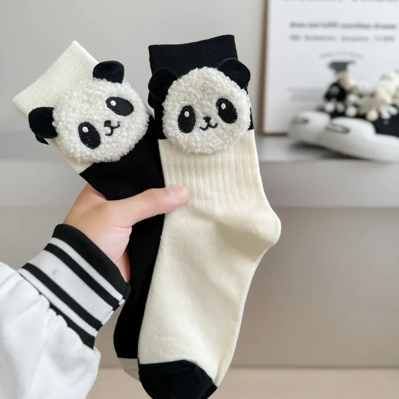 Warm Cute Cartoon Panda 3D Eared Socks for Girls Black White Fluffy Harajuku Style Animal Floor Slippers Ladies Funny Sokken