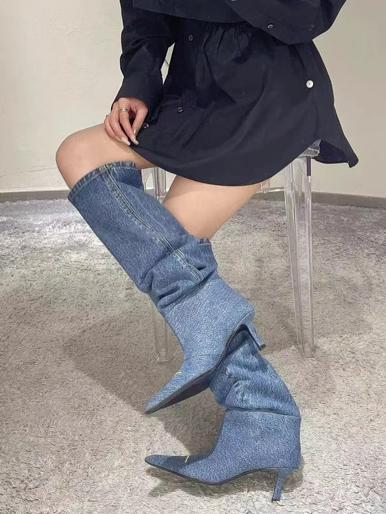 Pleated Chunky Heels Cowboy Boots Women 2024 Autumn Blue Knee High Denim Boots Woman Plus Size 39 Pointed Toe Western Long Boots