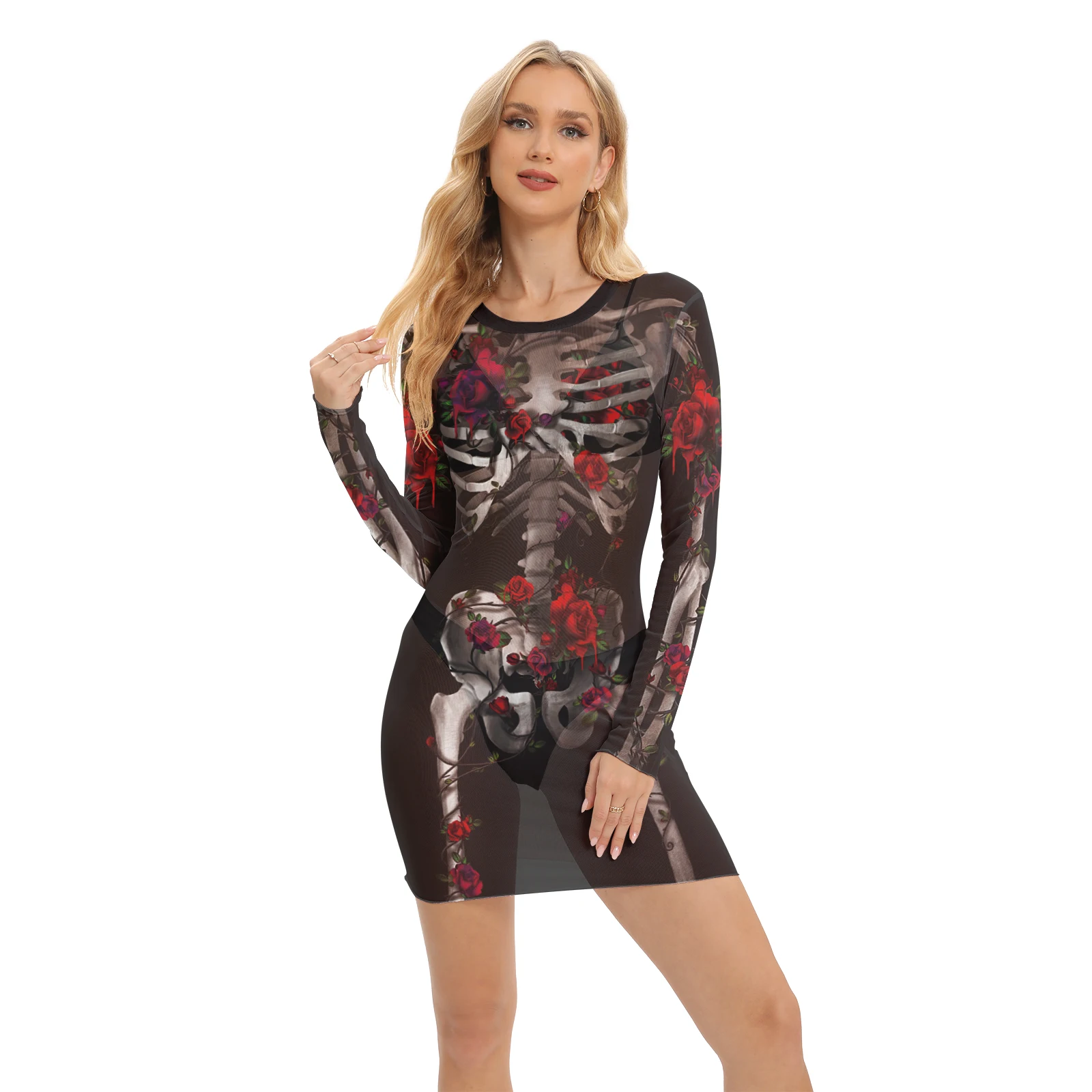 Vestido Visual de malla con estampado 3D de calavera para mujer, disfraz de Cosplay, vestido de fiesta, vestido Sexy para vacaciones de Carnaval y Halloween