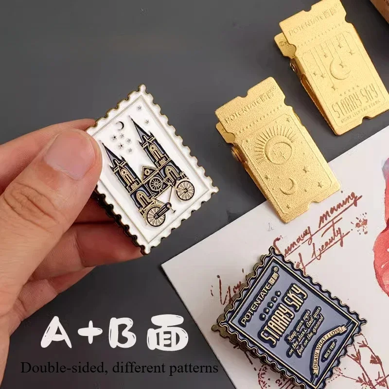 1PC Double-sided Vintage Brass Clip Heavy Metal Binder Paper Starry Clamps Sky Moon Pattern Hand Journal Folder Office Arts
