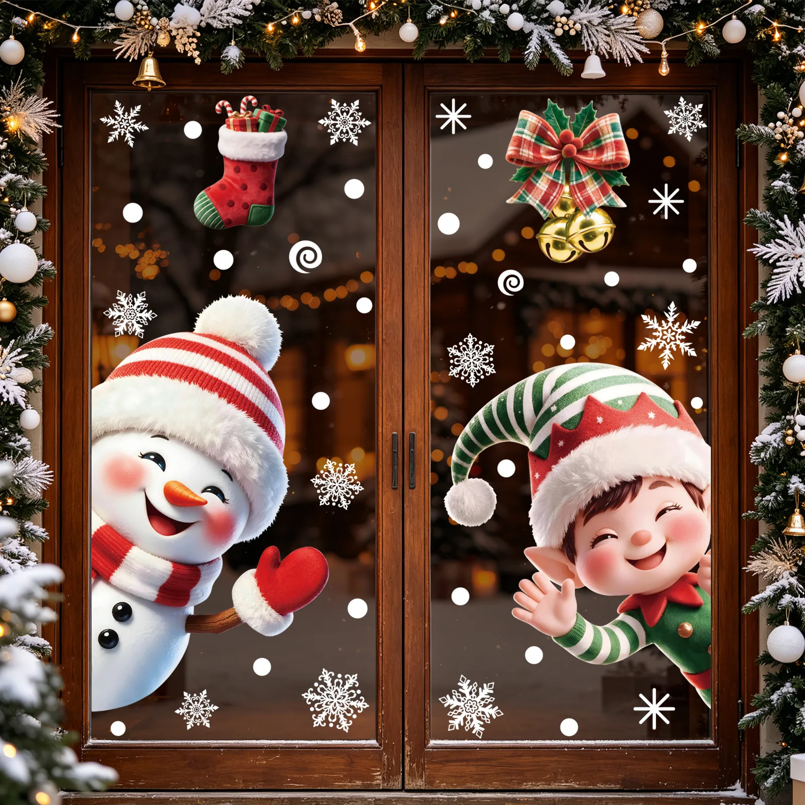 Christmas Static Window Stickers, Snowman Christmas Stocking Snowflake Decals, Glass Decor for Mall Shop Window Scene Decoration
