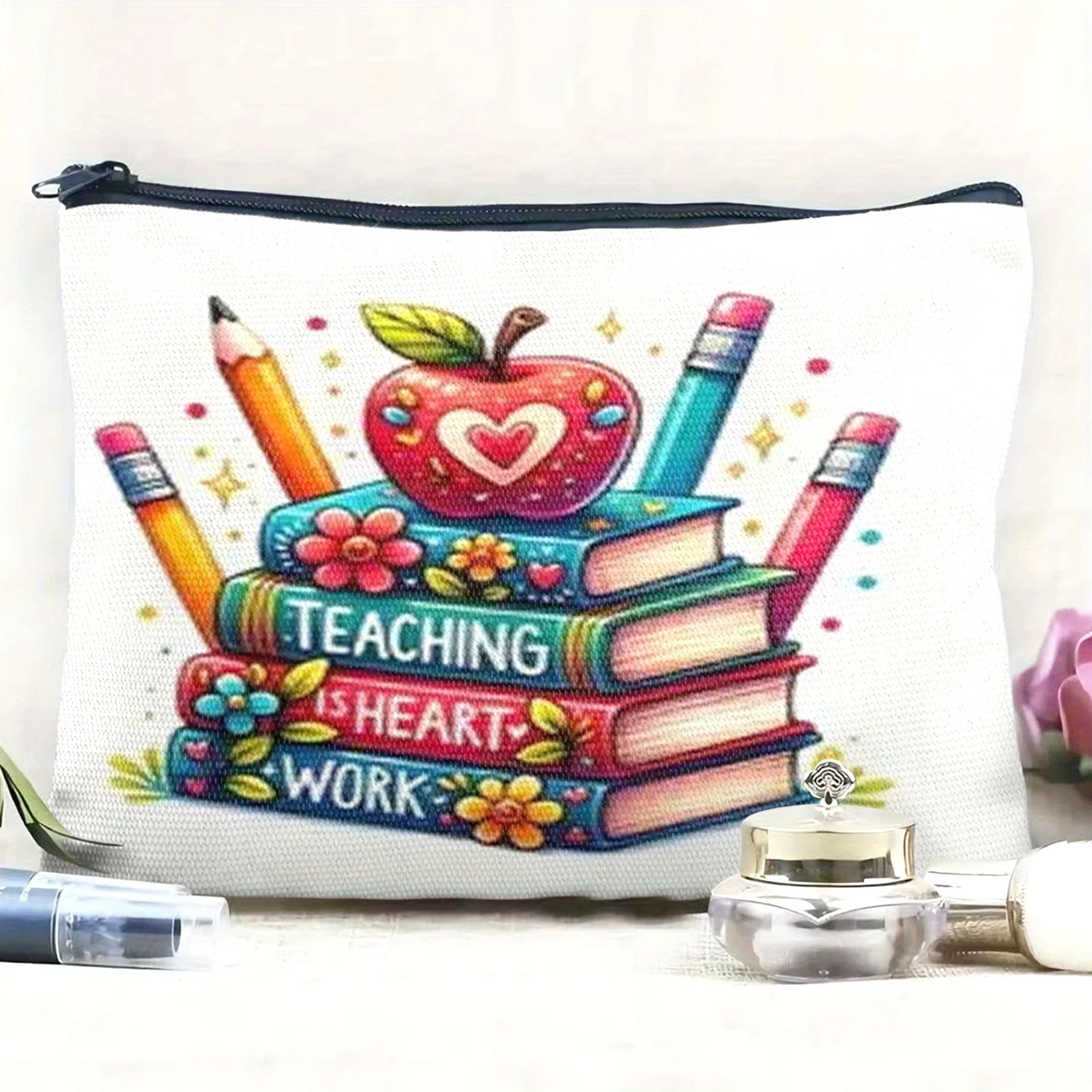 Sac de maquillage et trousse à cosmétiques à motif floral et crayon, idéal pour les cadeaux d'appréciation pour les enseignants et les voyages