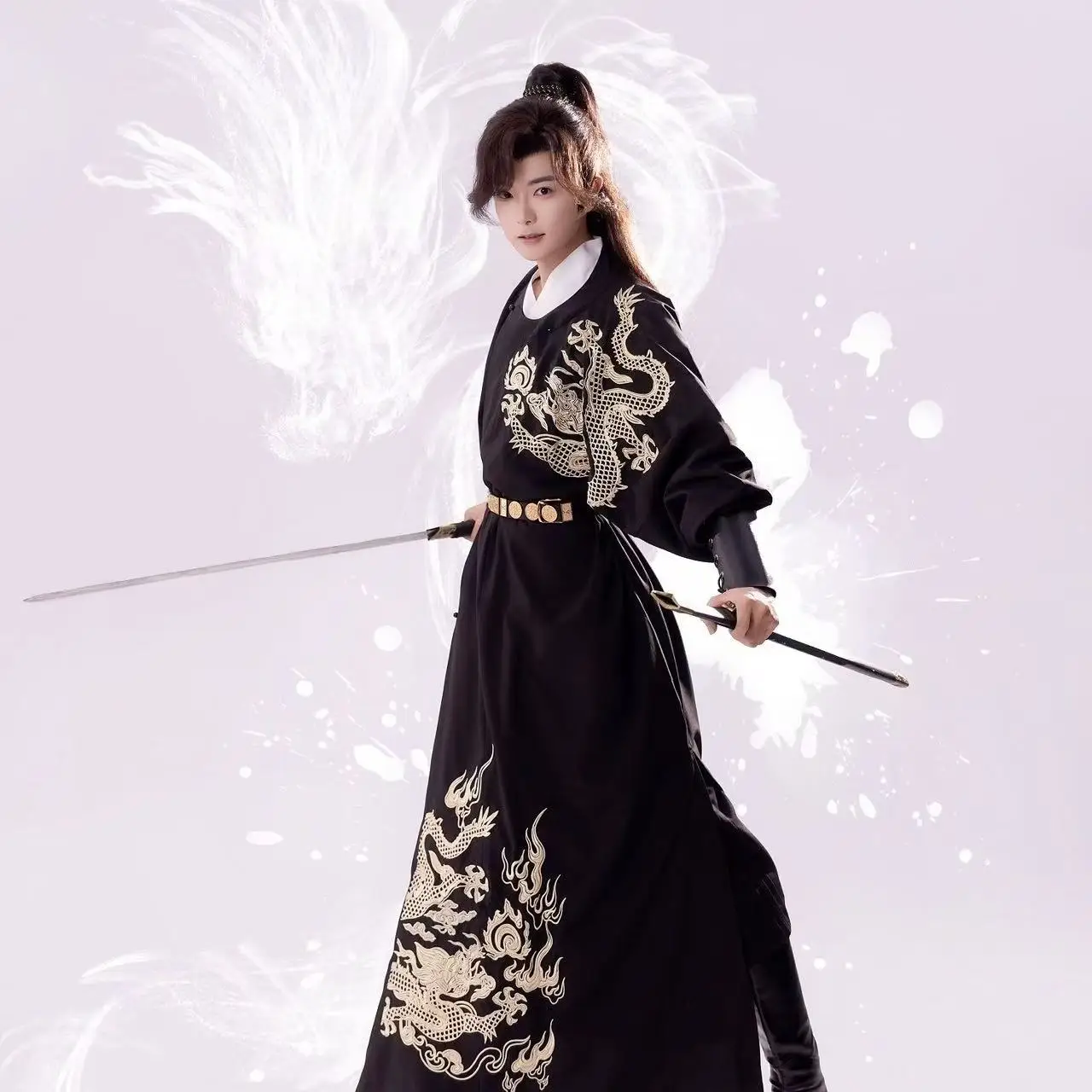 Ancient Sewed Dragon Embroideries Hanfu Men's Traditional Tang Dynasty Round Neck Robe Halloween Event Prince Cosplay Stage Suit