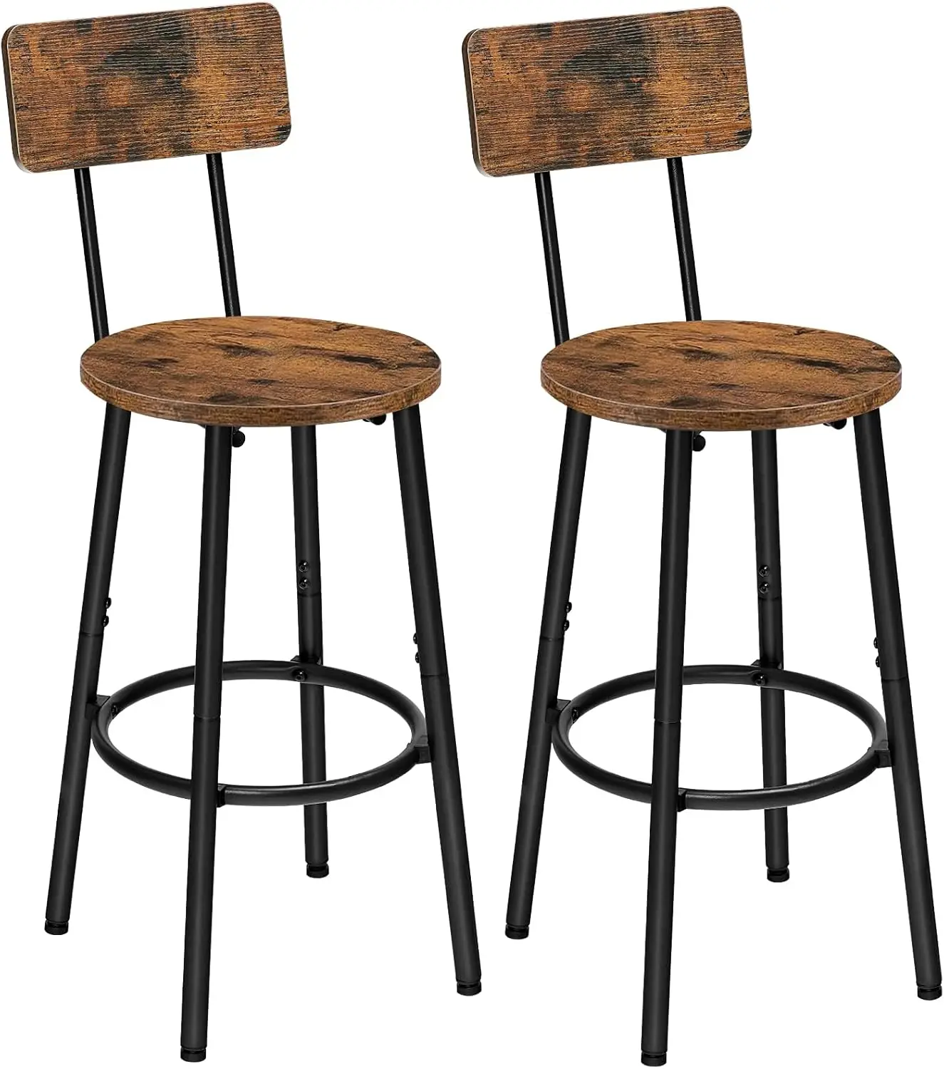 Set of 2 Round Bar Stools with Back, 25.2" Height for Kitchen Island, Easy Assembly in Rustic Brown and Black