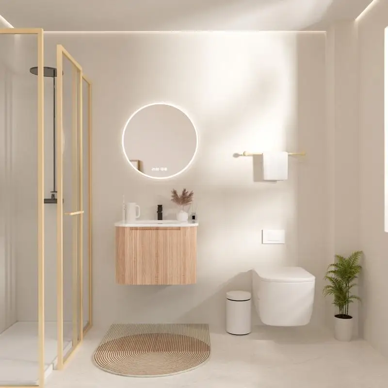 زينة حمام مثبتة على الحائط مقاس 24 بوصة مع حوض، تصميم منحني، لمسة نهائية من الخشب ذات ملمس مموج، رخام مدمج، تم تجميعها مسبقًا، #1