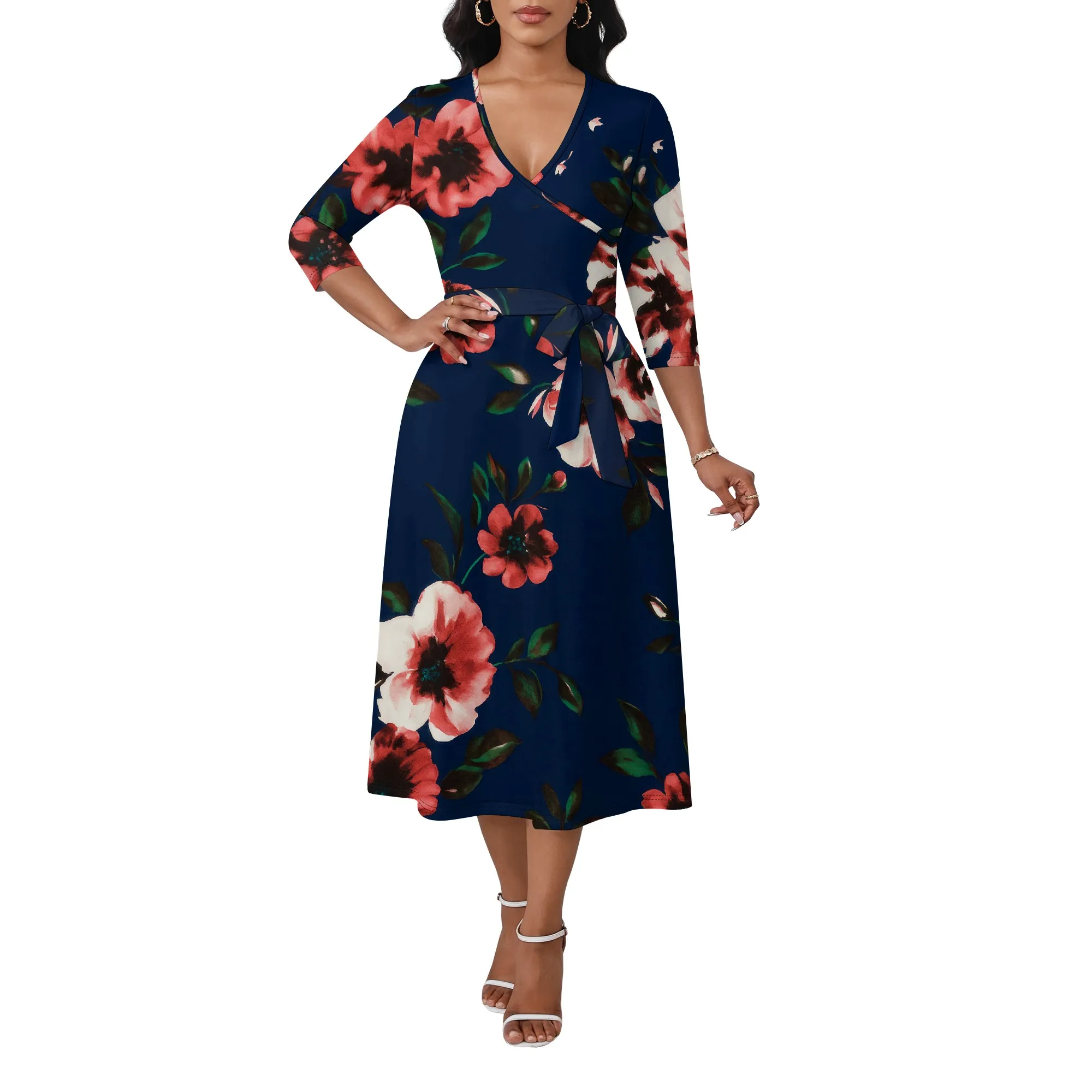 ชุดเดรส Midi สําหรับผู้หญิง 3/4 แขน V คอเอวสูง Casual A-Line Flowy Wrap เข็มขัดอินเทรนด์พร้อมกระเป๋าค็อกเทลปาร์ตี้ชุด