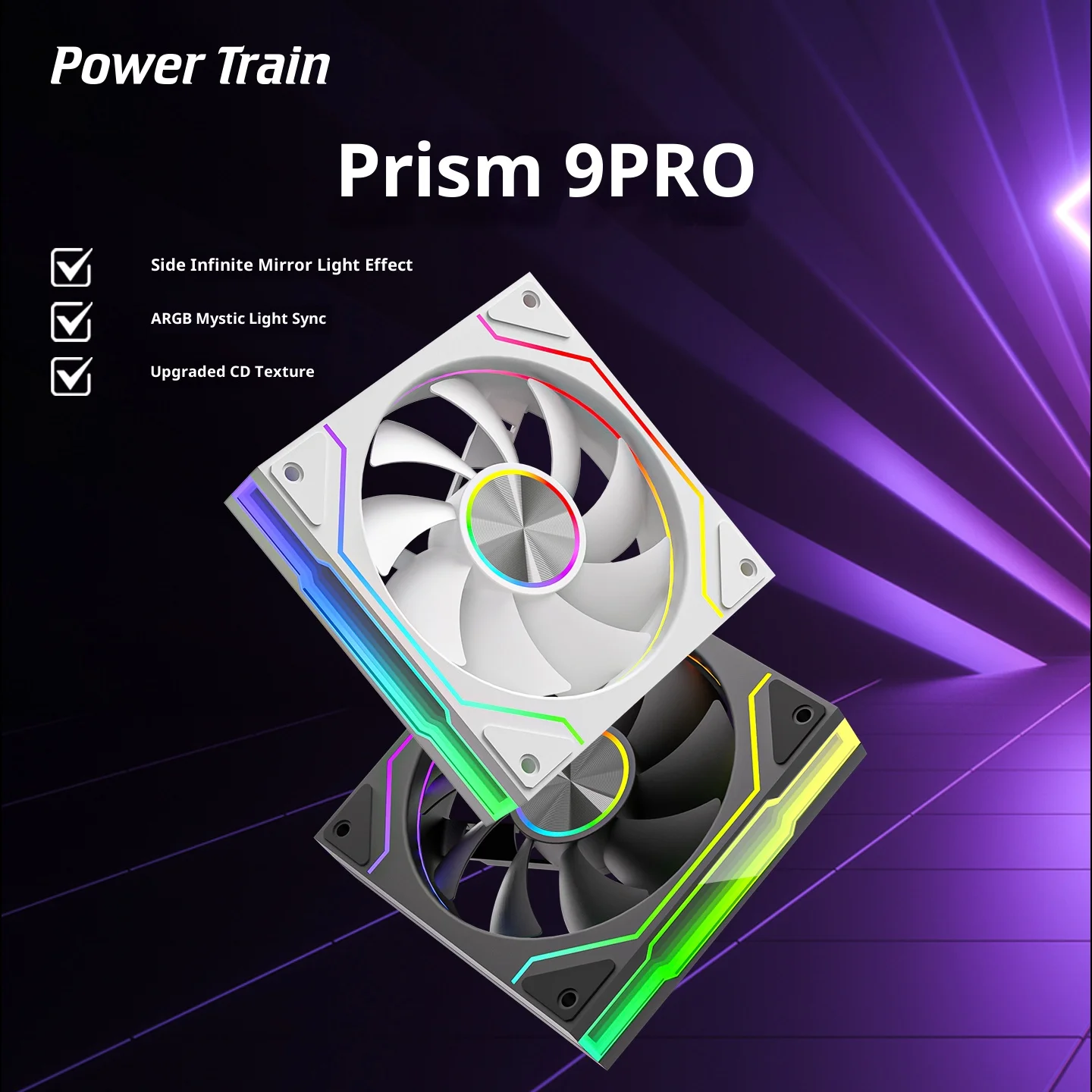 Power Train PRISM 9 PRO Computergehäuselüfter 12 cm ARGB 4-poliger PWM-Leiser Lüfter 12 V großes Luftvolumen 61,5 CFM/800–1800 U/min