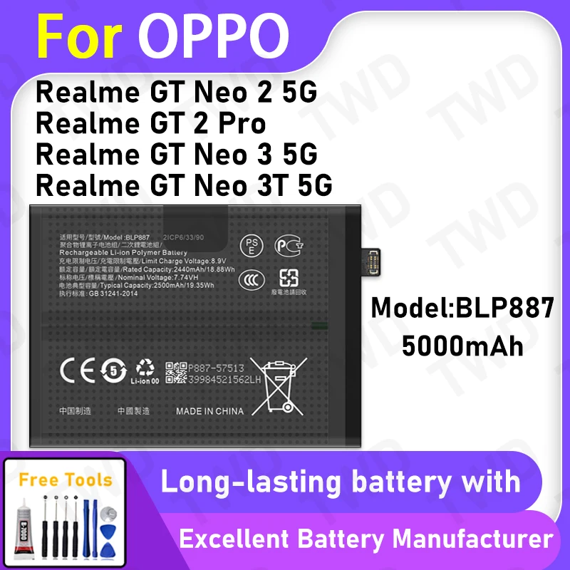 

5000mAh BLP887 Battery For OPPO Realme GT Neo 2 5G/Realme GT2 Pro/Realme GT Neo 3 5G Replacement Bateria+Free Tools