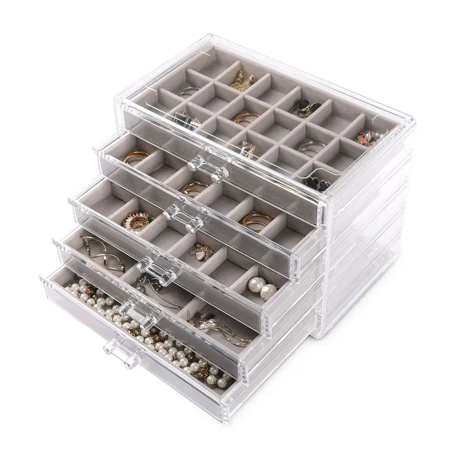 

Органайзер для украшений из акрила с 5 ящиками, коробка для хранения серег с бархатными лотками, прозрачная шкатулка для украшений
