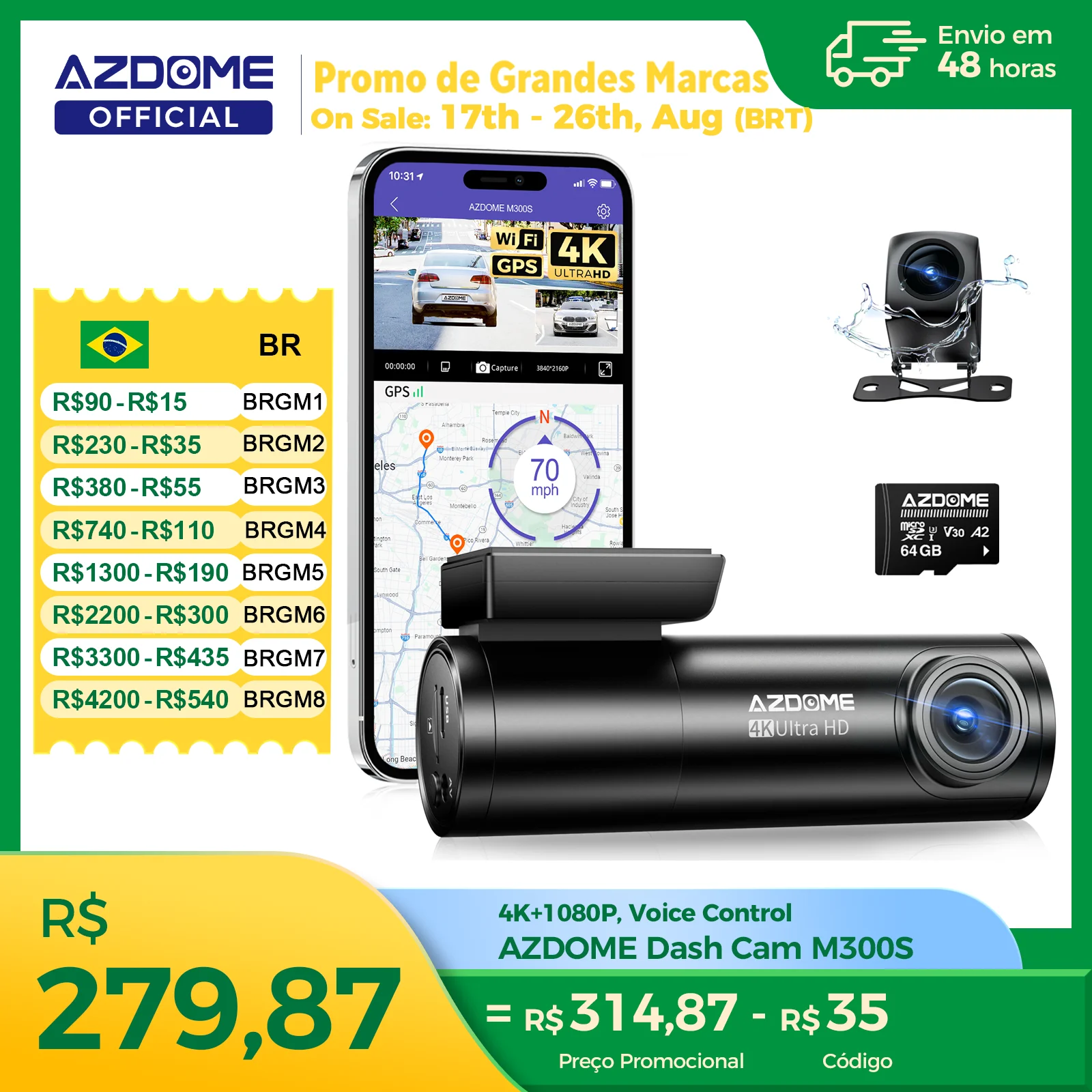 Câmera Veicular AZDOME M300S 4K Frontal e Traseira, Câmera de Painel com ADAS Integrado, WiFi, GPS para Carros, Cartão de 64GB Grátis, Controle por Voz, Visão Noturna