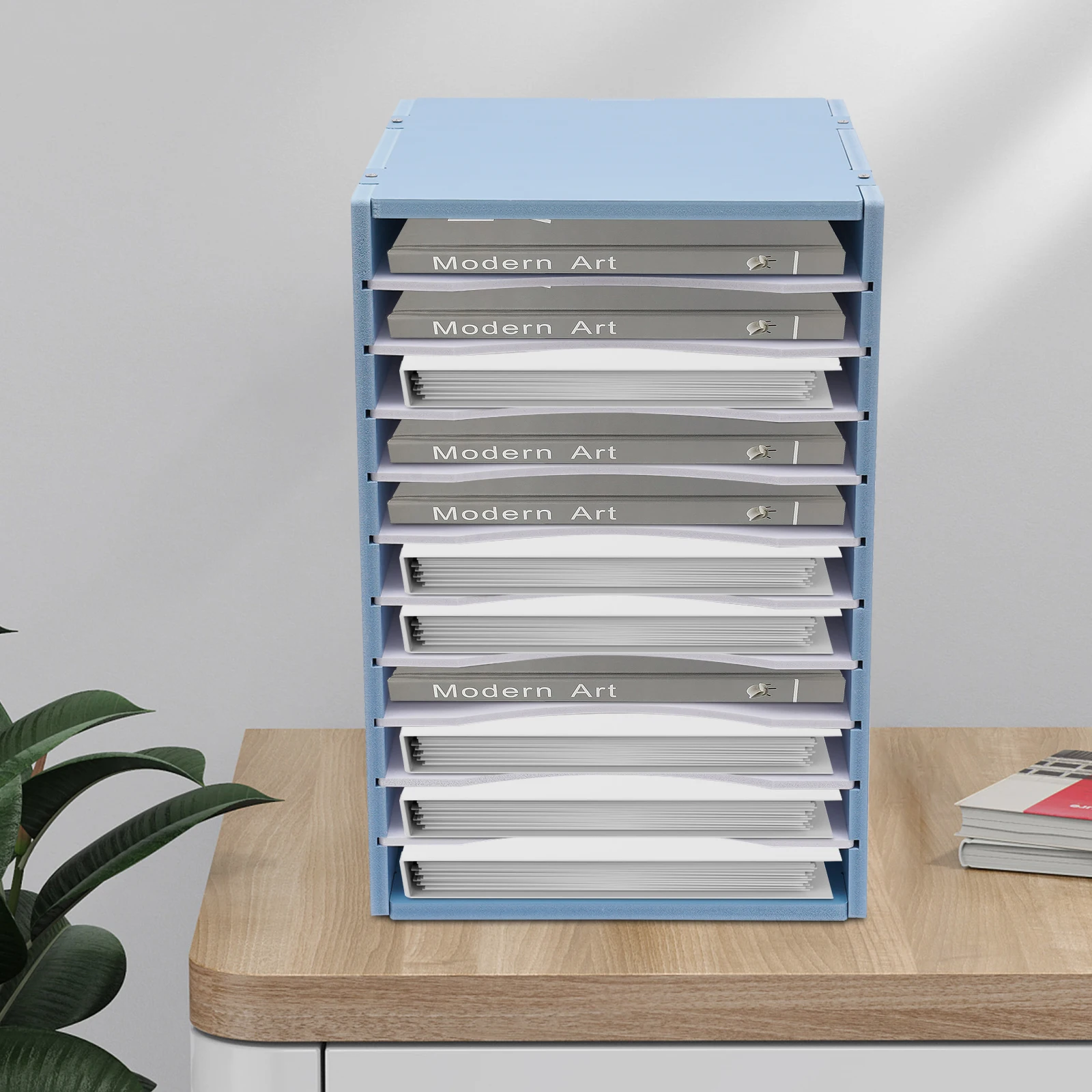 Organizzatore di file da tavolo verticale, vassoio di carta a 11 slot, blu, porta documenti formato lettera, forniture per lo studio, soluzione di archiviazione per ufficio
