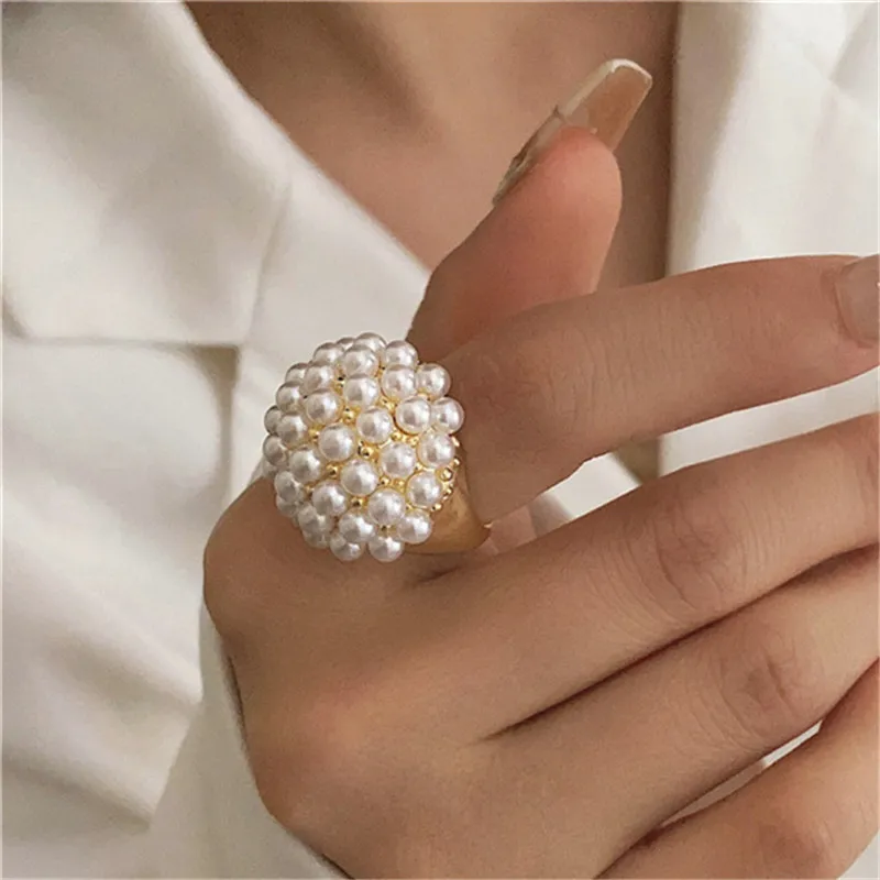 XIALUOKE Fashion Metal Mushroom Hairstyle Pearl Rings For Women Ladies Travel Party Wedding Jewelry Accessories