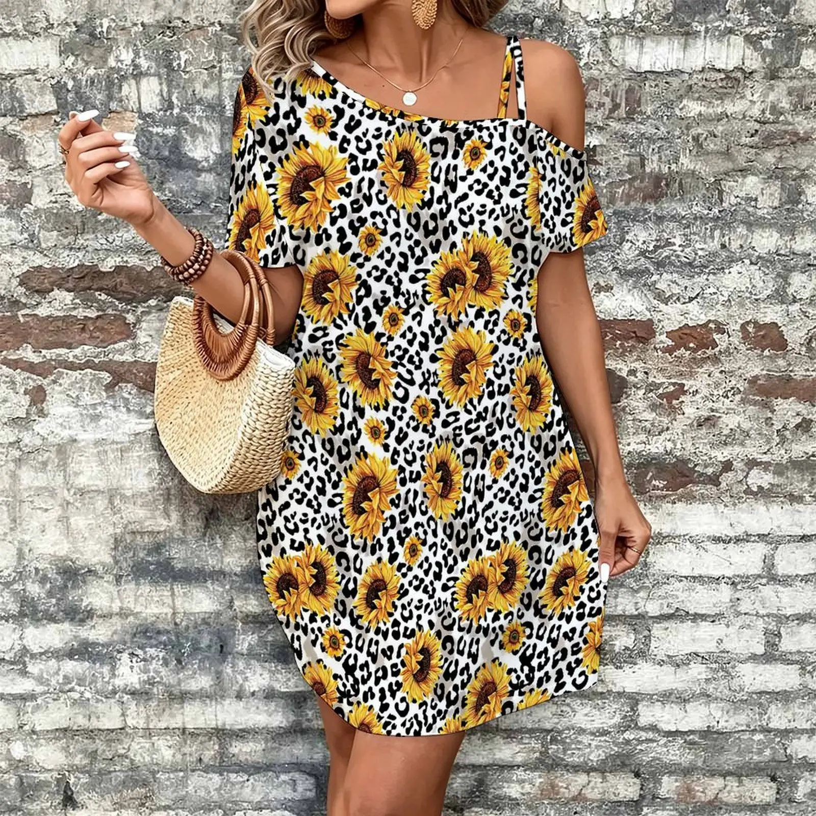 Women Print Cold Shoulder Short Sleeve Mini Dress Irregular Off Shoulder Casual Loose Tunic Dress