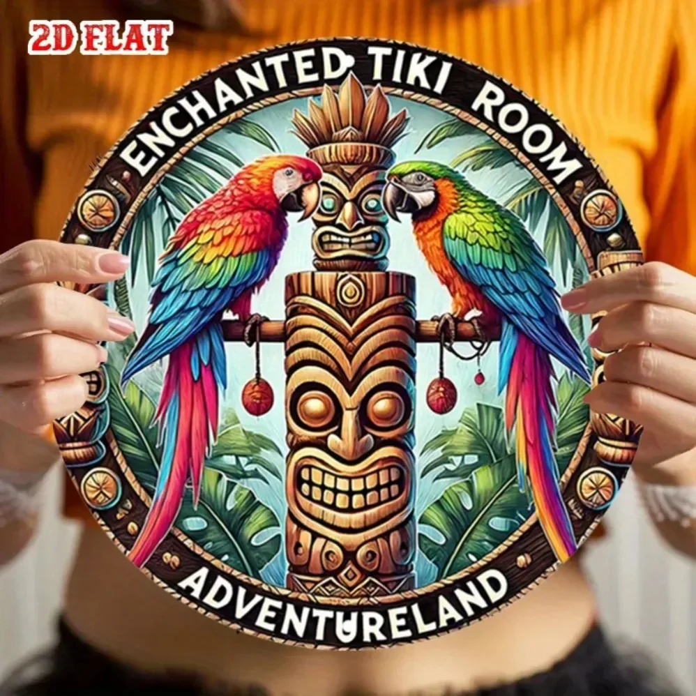لافتة تيكي مسحورة ملونة - فن معدني مستدير، والببغاوات الاستوائية وديكور مغامرة الطوطم للمقهى والغرفة