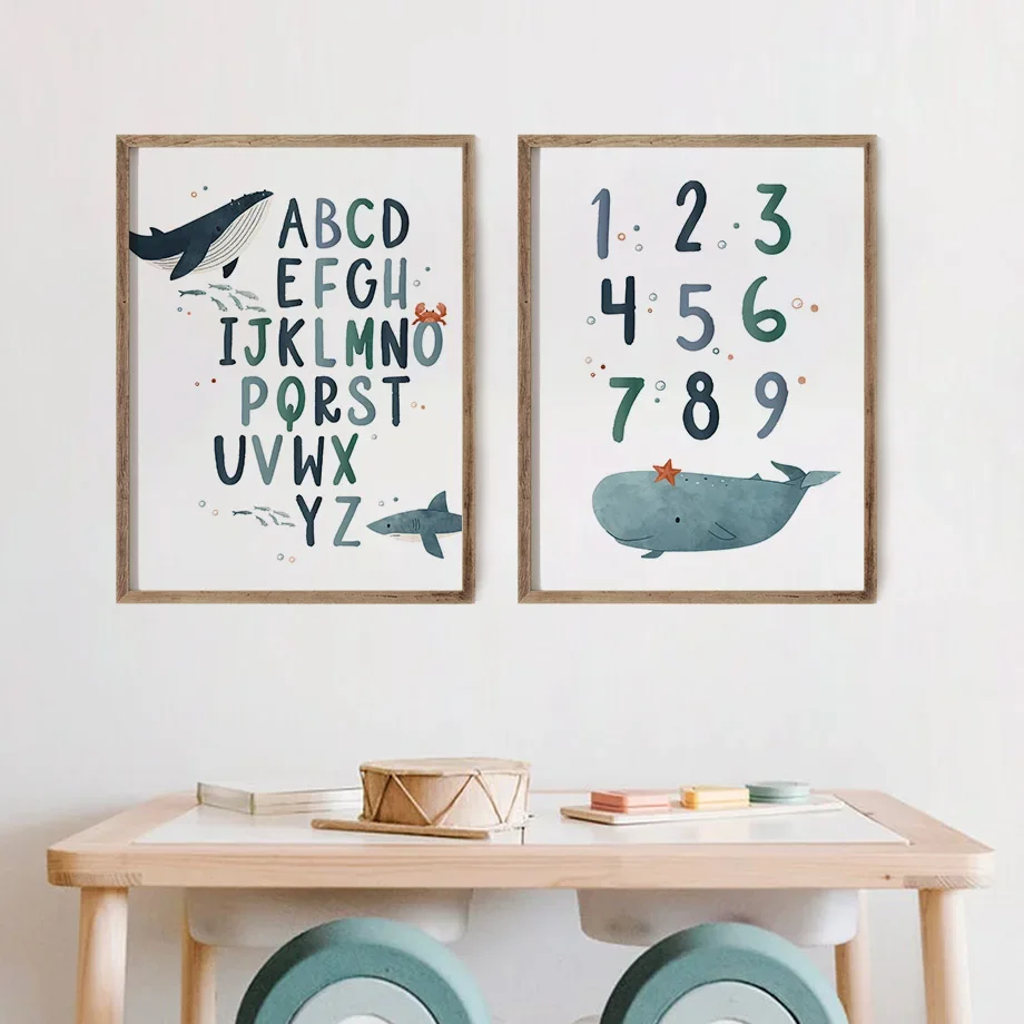 Whale Shark Ocean Animal Numbers Alphabet Under The Sea Nursery Print Poster Wall Art Canvas Painting Pictures Kids Room Decor