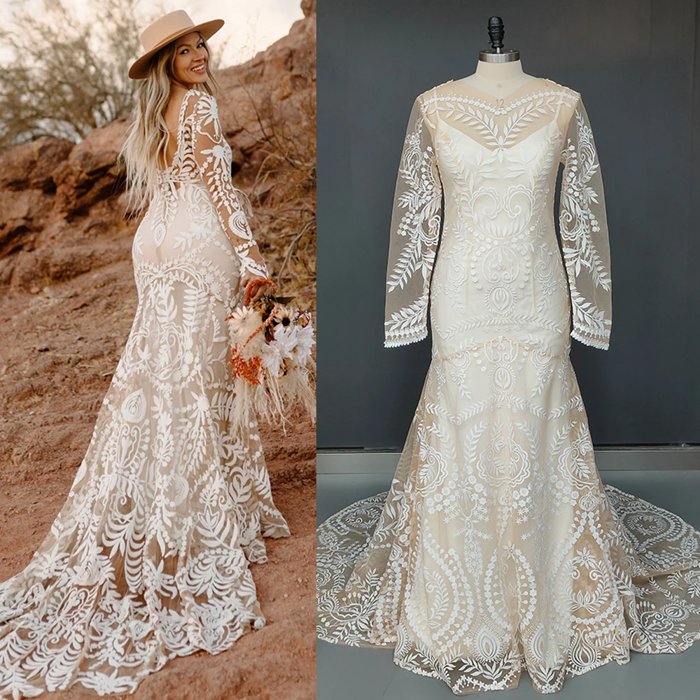 Customized High Slit Beach V Neck Customized Wedding Dress Two Piece Lace Robe Long Sleeves Boho Elopement Mermaid Bridal Gown