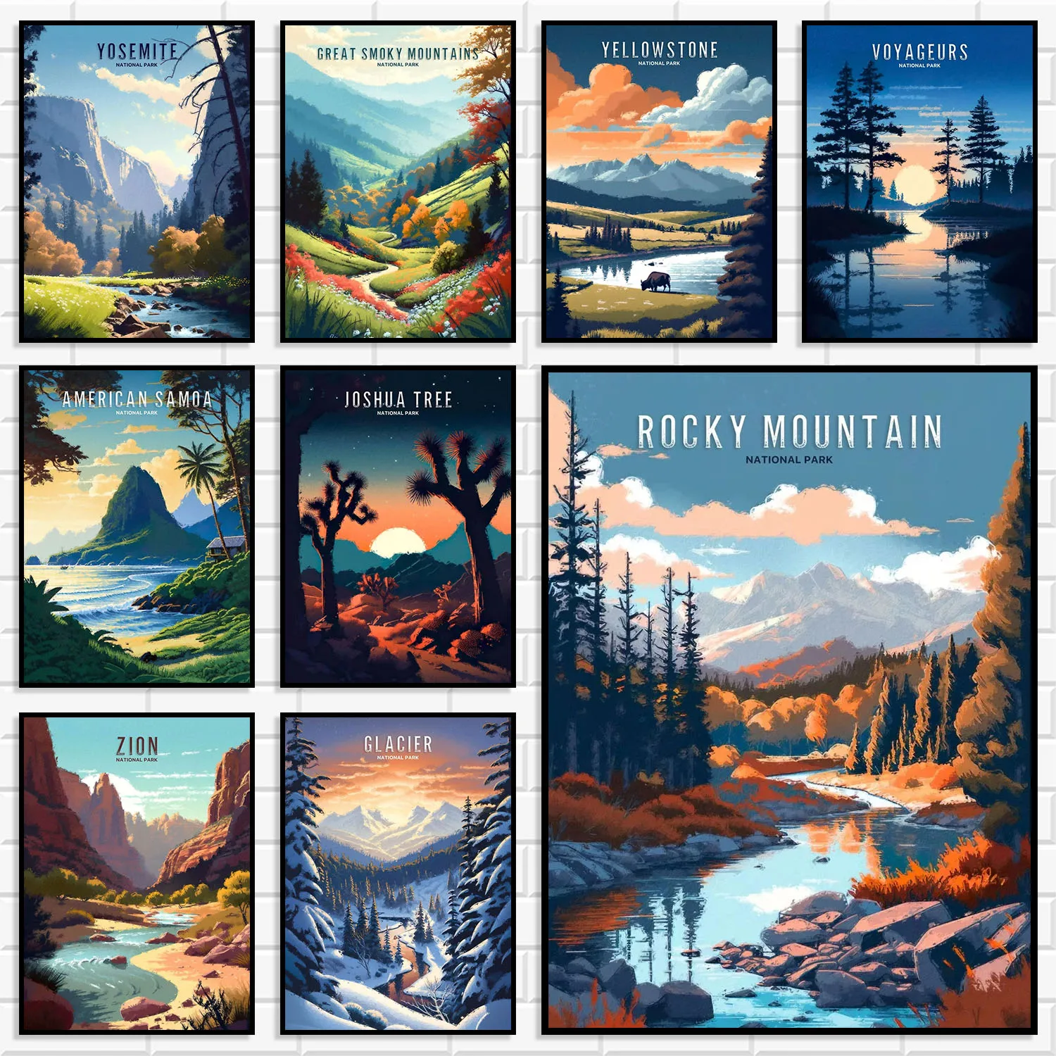 Vintage US National Park Canvas Wall Art Yosemite Rocky Mountain Yellowstone Forest Lake Scenery Poster Bedroom Home Decoration