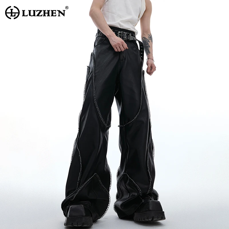 

LUZHEN Spring Metal Chain Decorate Design Faux Leather Pants 2024 Personalized Trendy Street High Quality Men's Trousers LZ4523