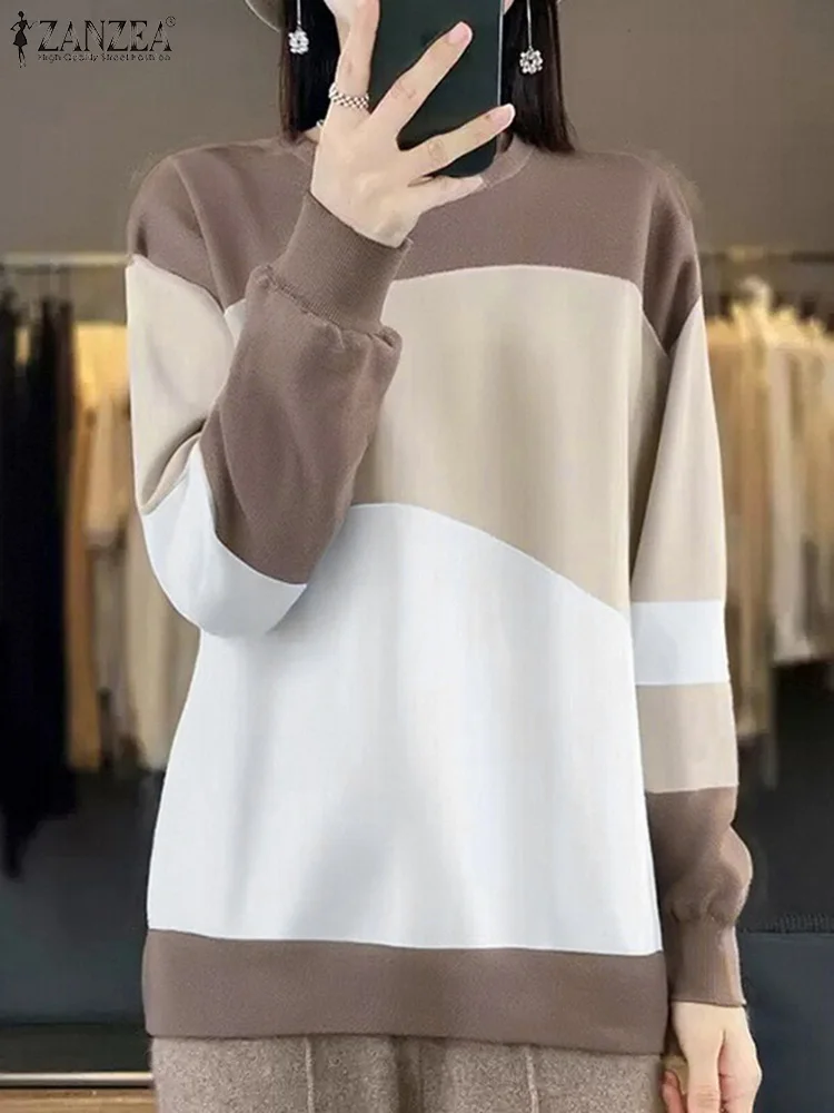 ZANZEA Fashion Autumn Contrast Color Long Sleeve Hoodies Tops Women Sweatshirts 2025 Spring Elegant Work Blouse Loose Pullovers