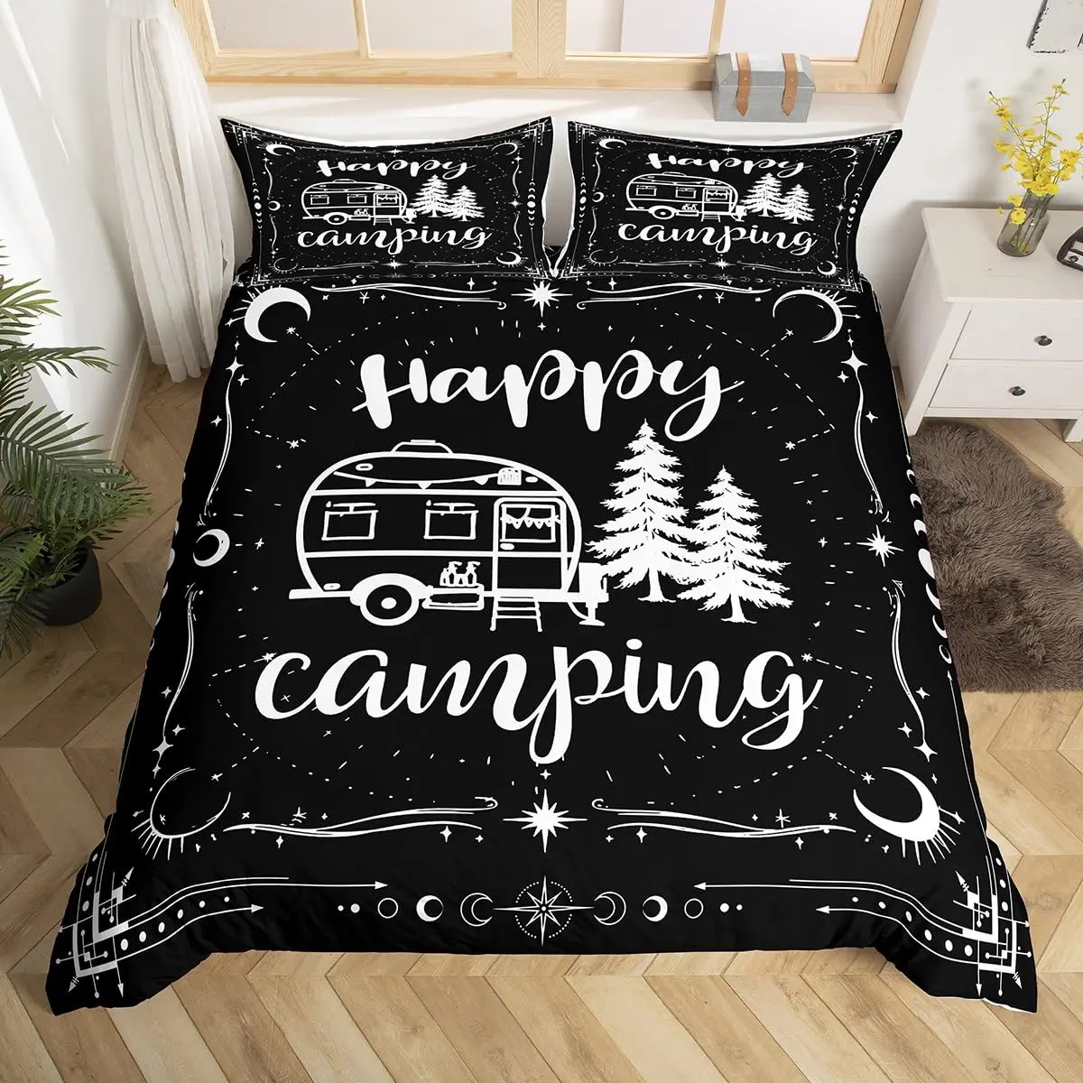 Galaxy Camping Duvet Cover Camper Twin Queen Bedding Set for Boys,Teen Sun Moon Stars Comforter Cover Lodge Cabin Sketch Bed Set