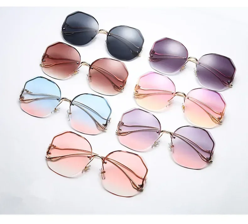 Fashion Irregular Round Sunglasses Women Gradient Fashion Sun Glasses Female Rimless Metal Curved Temples Oculos De Sol UV400