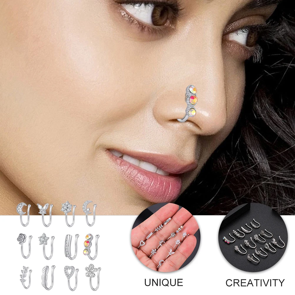 

12pcs Zircon Nose Clips No Piercing Fine Polished Comfortable Long Wear Party Dance Decoration Gift For Women Festival Fashion
