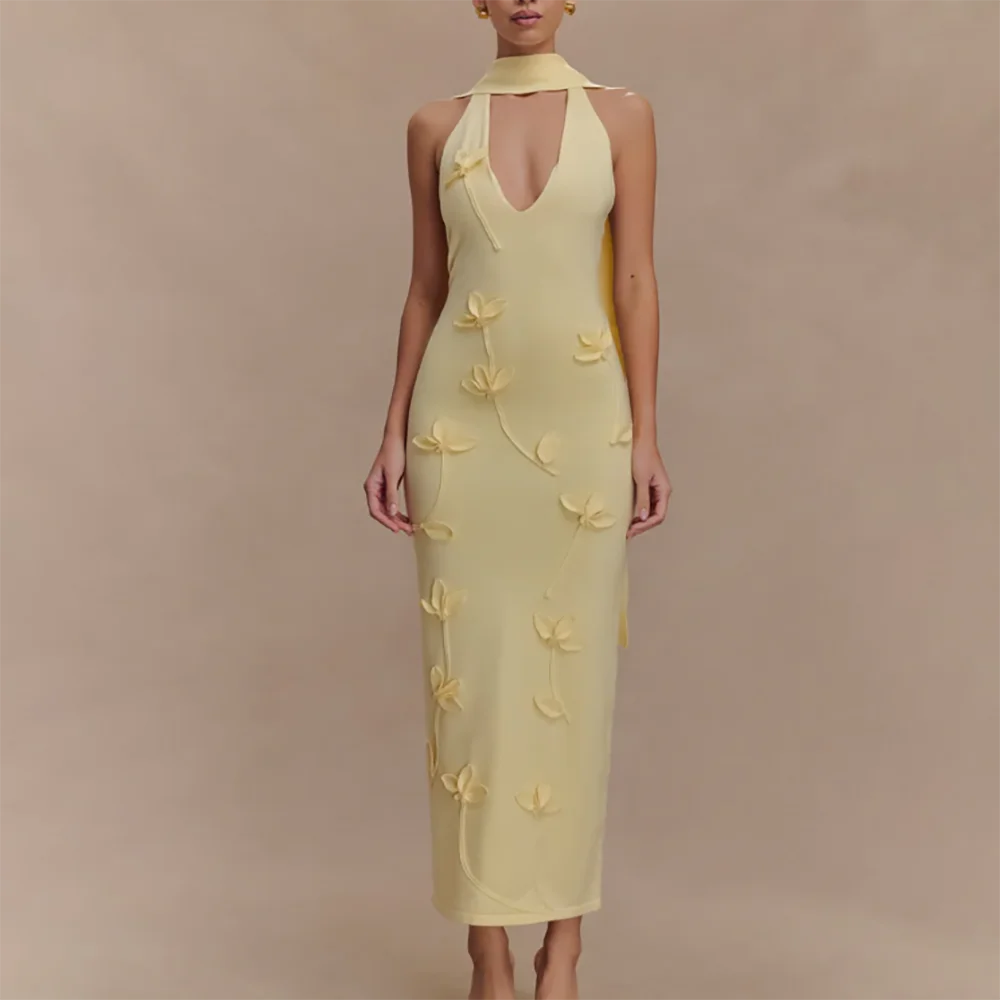 

Облегающее вечернее платье-футляр, простое элегантное коктейльное платье без рукавов с лямкой на шее и аппликацией ручной работы, сексуальное женское платье с открытой спиной