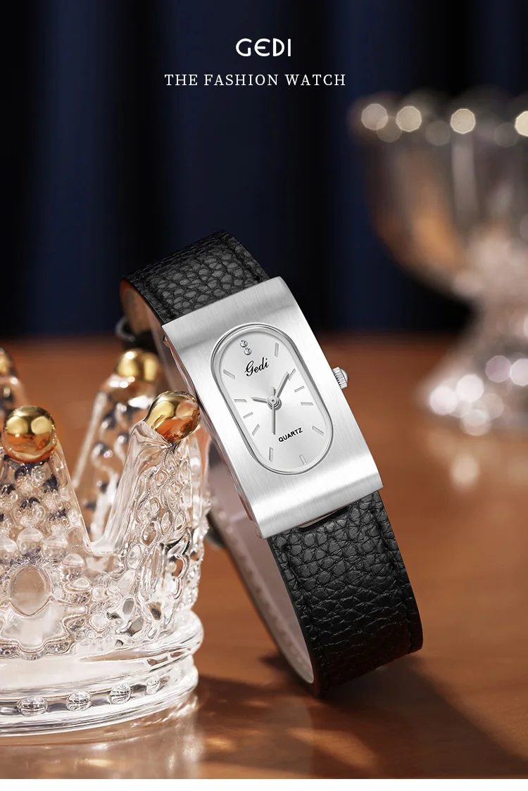 Fashion Gedi Top Brand Quartz Luxury Clock Rectangle Square Dial Orologio Black Brown Leather Strap Vintage Reloj Ladies Watches