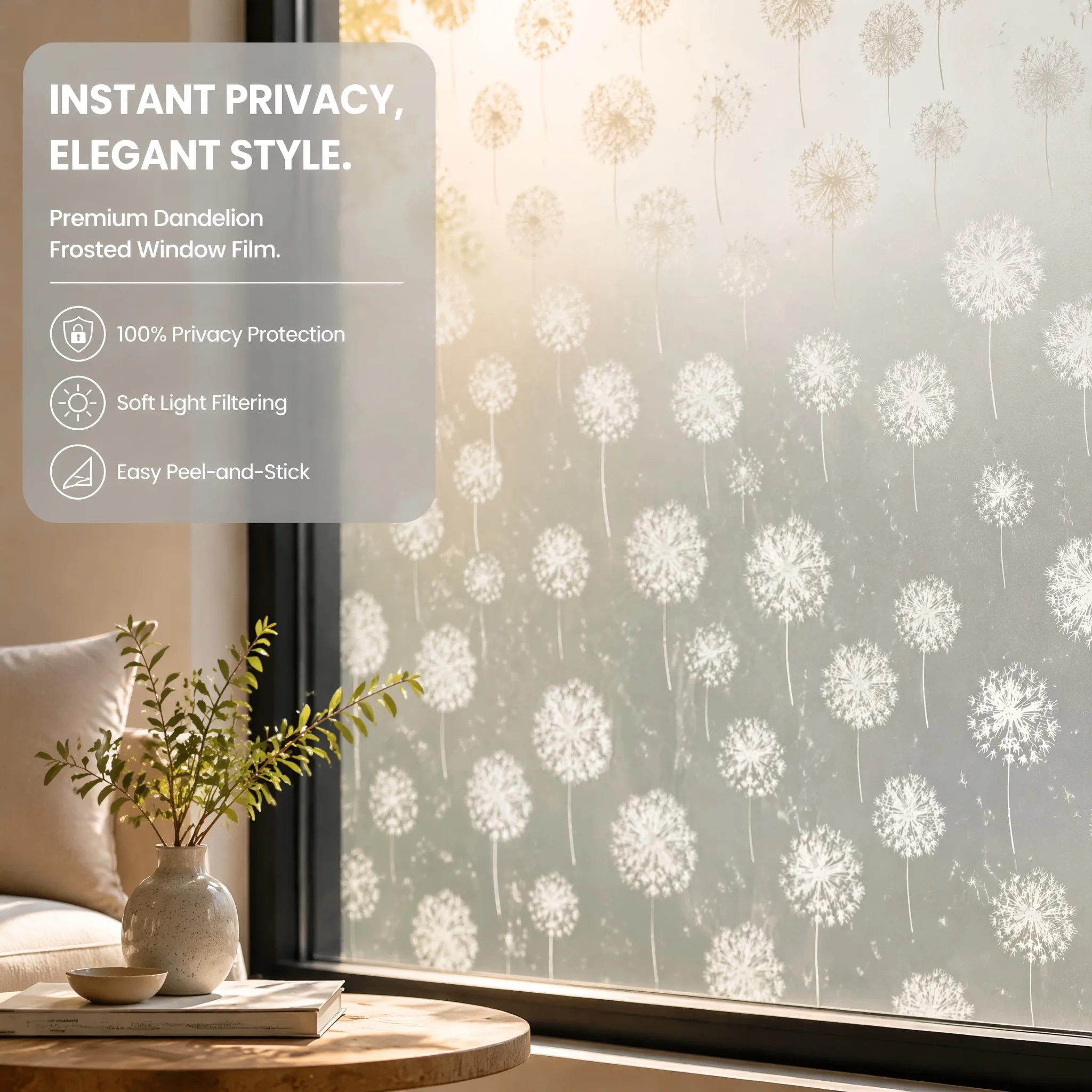 Dandelion Pattern Frosted Self-Adhesive Window Film Privacy Decorative Home Office Film