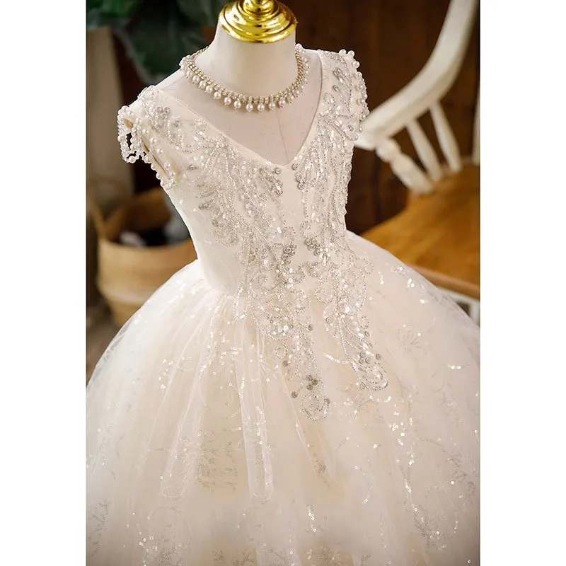 Luxurious Children's Dresse Champagne pearl sequins Beading flower kids Sleeveless Long wedding Ball Birthday party Girl Dress