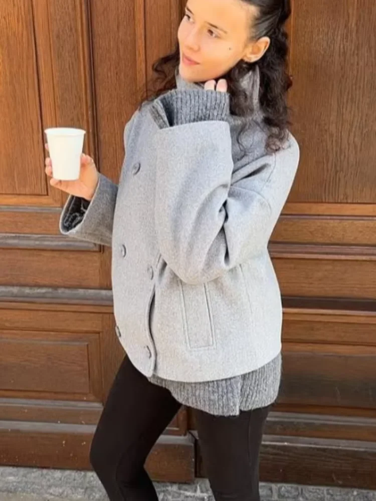 

2025 Autumn Woolen Coats Women Casual Double Breasted Stand Collar Female Office Short Jackets Chic Lady Loose Street Outwear