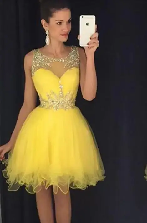 

ANGELSBRIDEP Yellow Scoops Neck Short Homecoming Dresses Sparkly Crystal Beading Tulle Graduation Birthday Party Gowns HOT