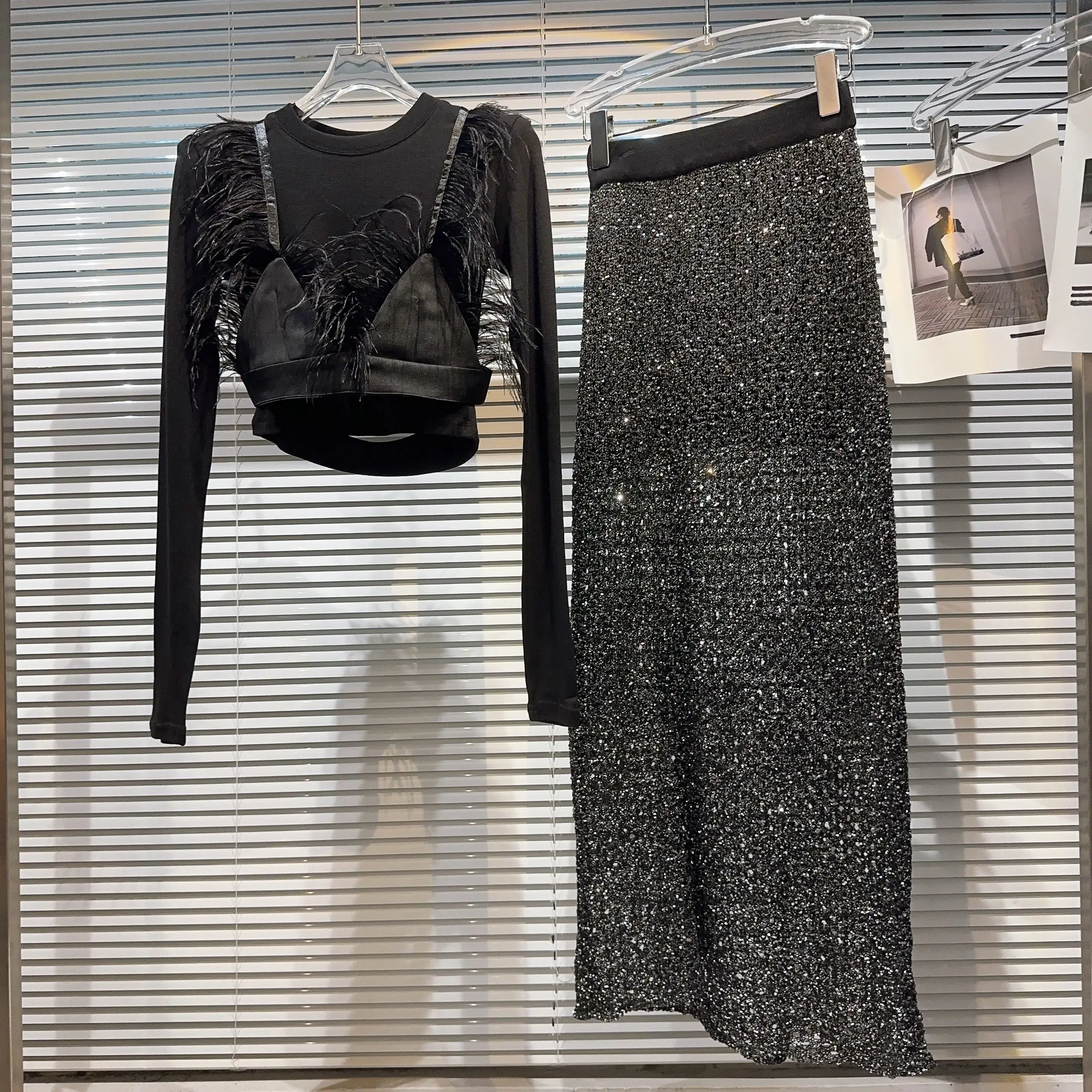 

Spring 2026 New Small Fragrance Style Feather Strap T-Shirt Silk Long Dress Set Women Sexy Long Sleeve High Waist Pure C...