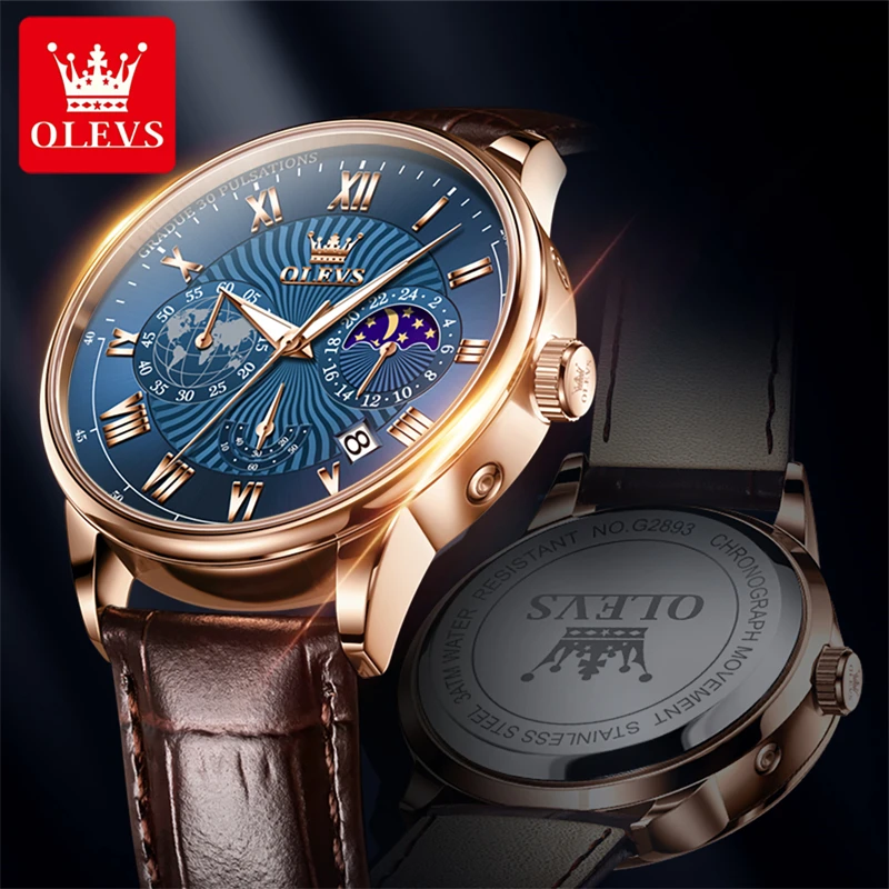 OLEVS-Relógio de quartzo impermeável masculino, relógio de pulso luminoso, fase da lua, cronógrafo calendário, relógios casuais, original, 2893