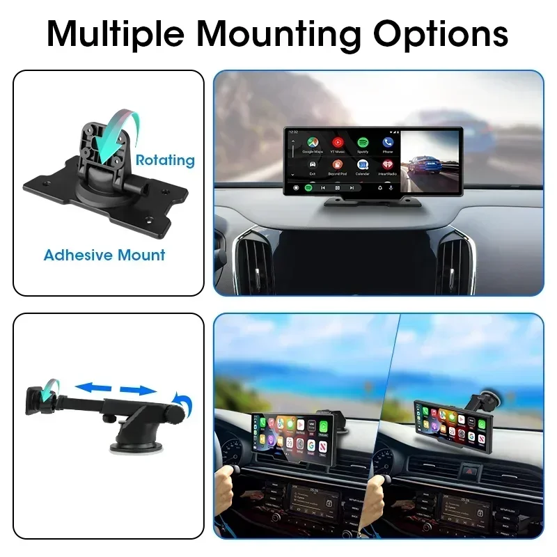 10.26" Dash Cam Wireless Carplay Android Auto Front Side Inside Rear View Rotate Lens Car Dvr Multimedia Player Video Recorder