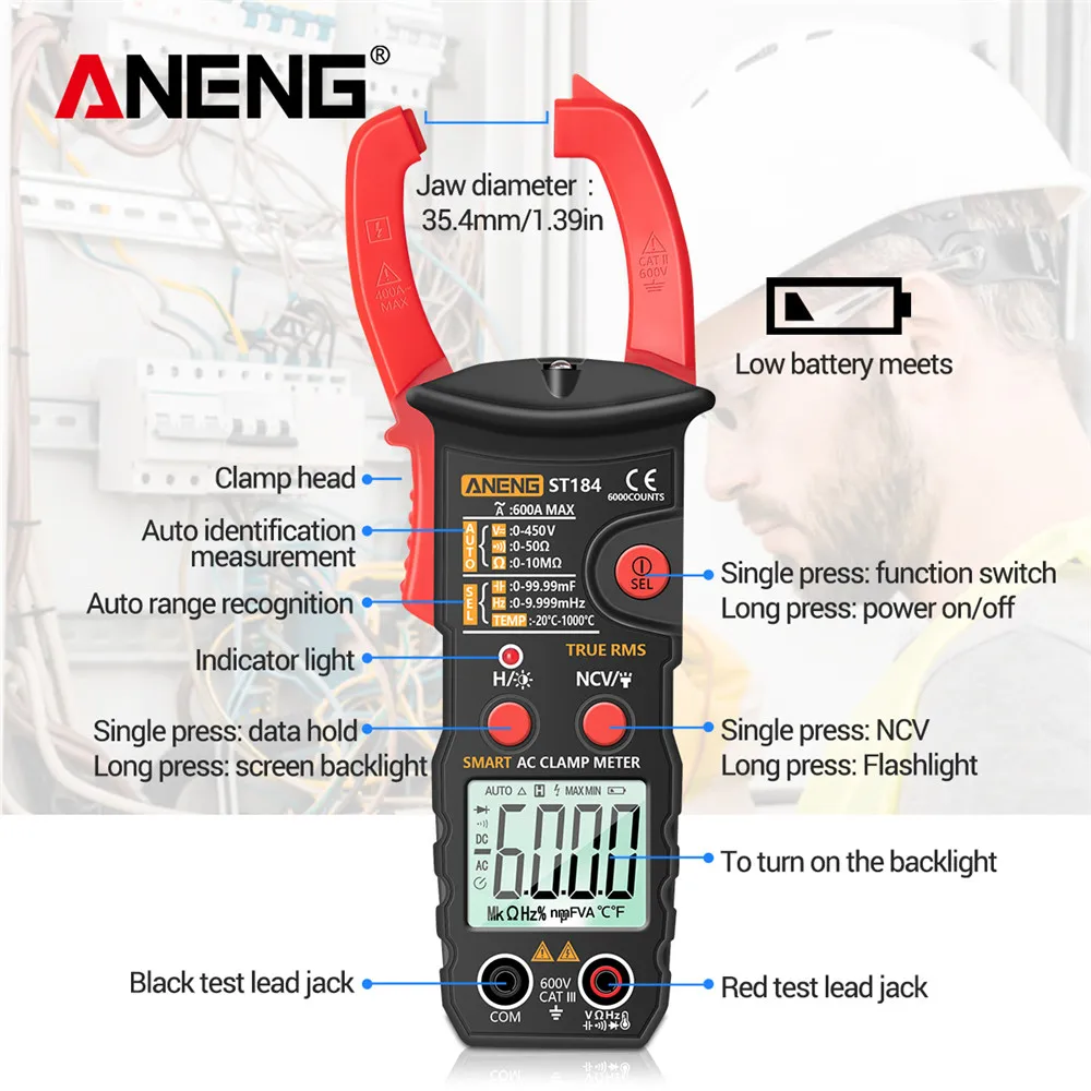 ANENG ST184 الرقمية متعددة المقاييس المشبك متر حقيقي RMS الجهد الحالي أوم اختبار + B15 التحريض الجهد مسمار اختبار القلم الكهربائي أدوات الكشف المهنية #4