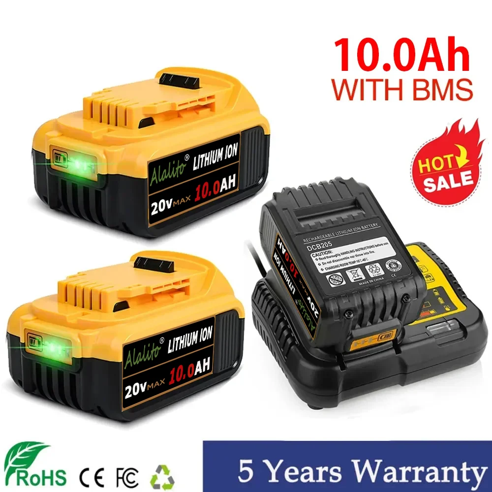 

20V 10.0Ah 10000mAh DCB200 18650 Replacement Li-ion Battery for DeWalt MAX DCB205 DCB201 DCB203 Power Tool Batteries