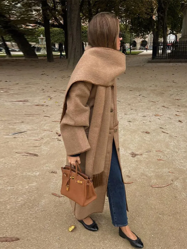 Elegant Brown Full Sleeve Single-breasted Long Woolen Coat Chic Patchwork Tassel Scarf Collar Coats Lady High Street Outswear