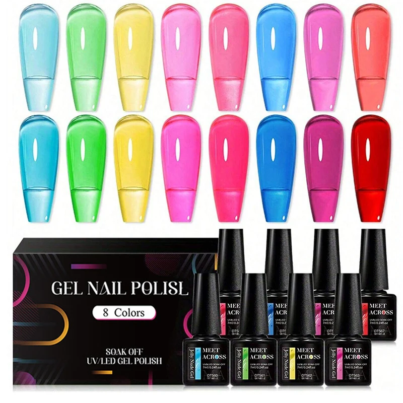 8pcs Jelly Glass Gel Nail Polish Set Summer Translucent Semi Permanent Hybrid Gel Varnish Soak Off UV LED Manicure Kit With Box