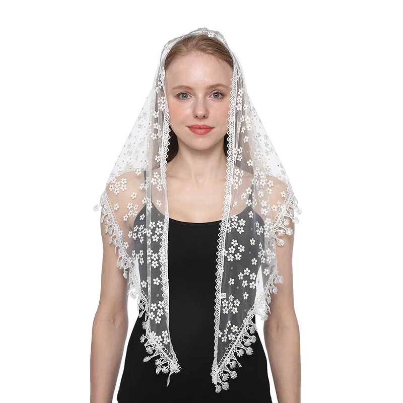 Fashion Church Shawl Lace Veil Polyester Scarf Bandana Church Prayer Wedding Mantilla Chapel White Embroidered Hijab Women Scarf