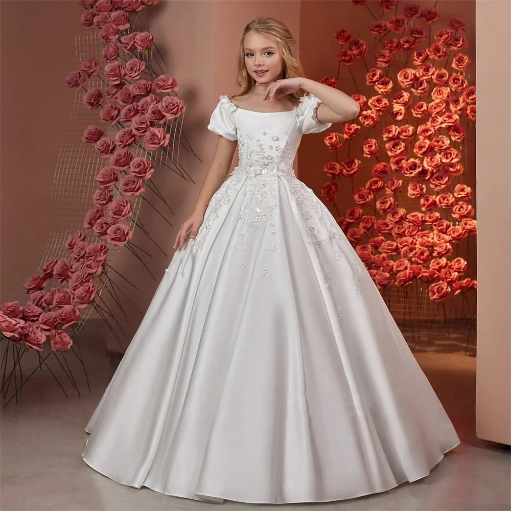 White Satin Flower Girl Dress For Wedding Off Shoulder Applique Beading Elegant Birthday GIFT Pageant First Communion Gowns