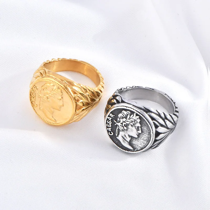 LETAPI Punk Vintage Roman Caesar Head Rings Silver Color Stainless Steel Coin Jules Caesar Ring for Men Male Jewelry