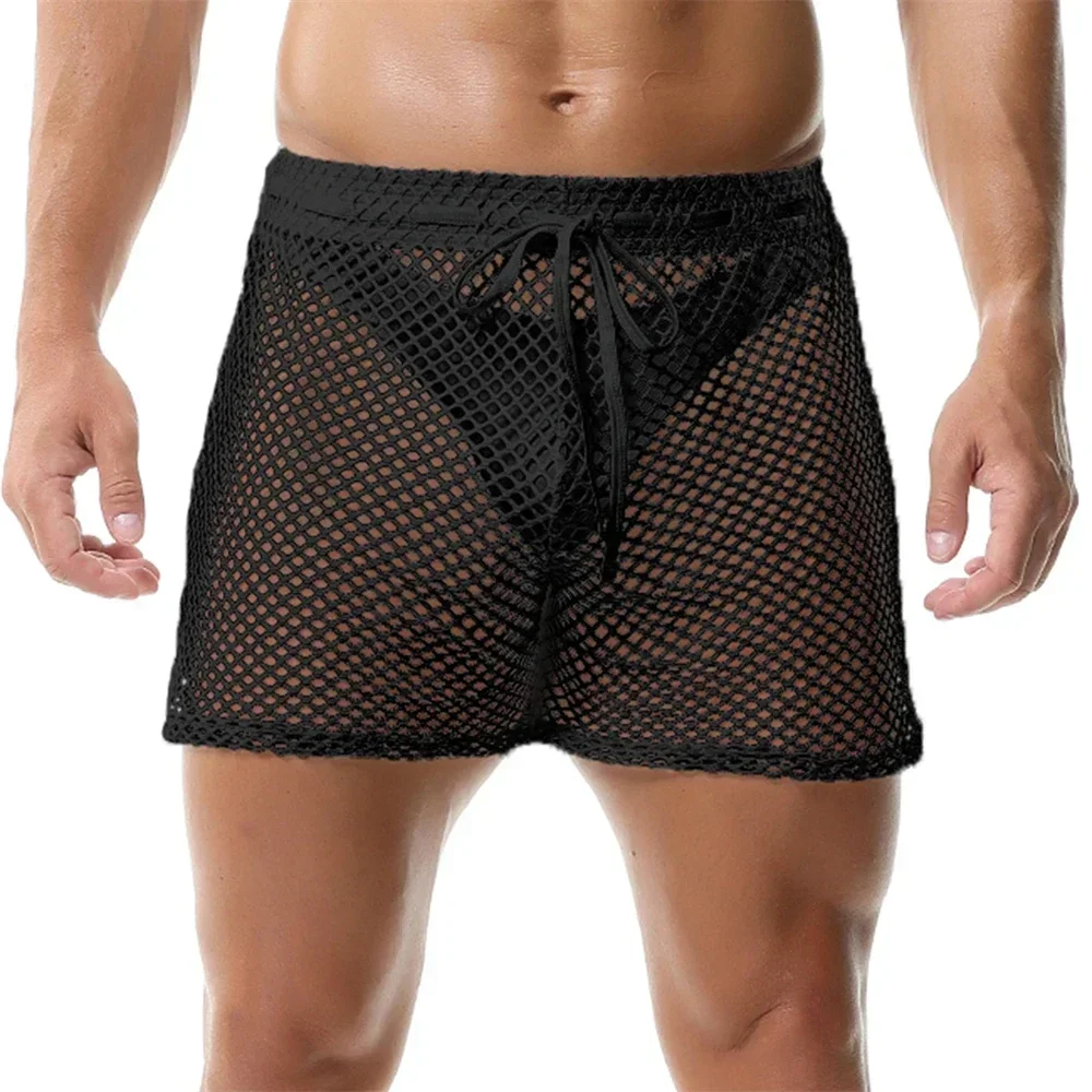 Men\'s Sexy Mesh Hollow Out Casual Shorts Drawstring Fishnet Breathable Soft Male Beach Trunks Bodybuilding Fitness Loose Shorts