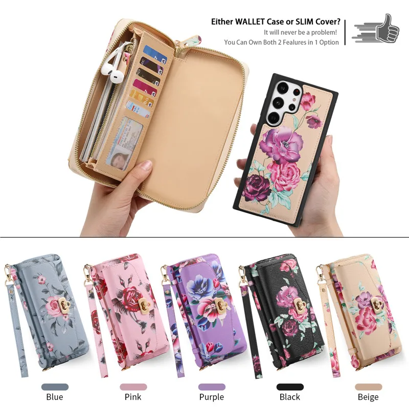 Retro Flower Multi-function Case For Samsung Galaxy S22 S23 Plus Note 20 Ultra Long Lanyard Zipper Leather Magnetic Wallet Cover