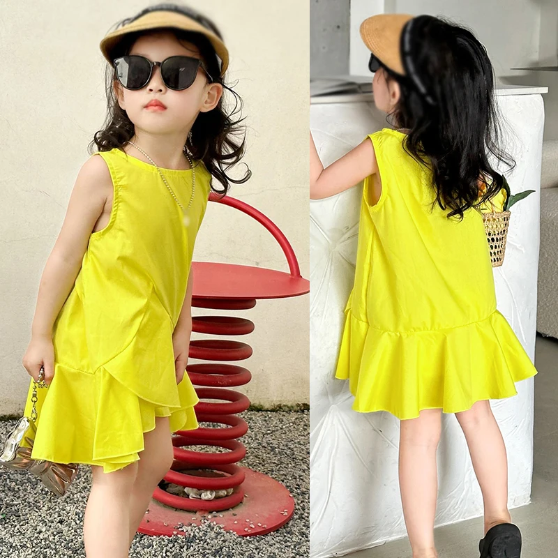 Summer Kids Dress For Girl 3-8y Solid Ruffles Decor Sweet Sleeveless Dress Child Cotton Breathable Classic Designed Casual Skirt